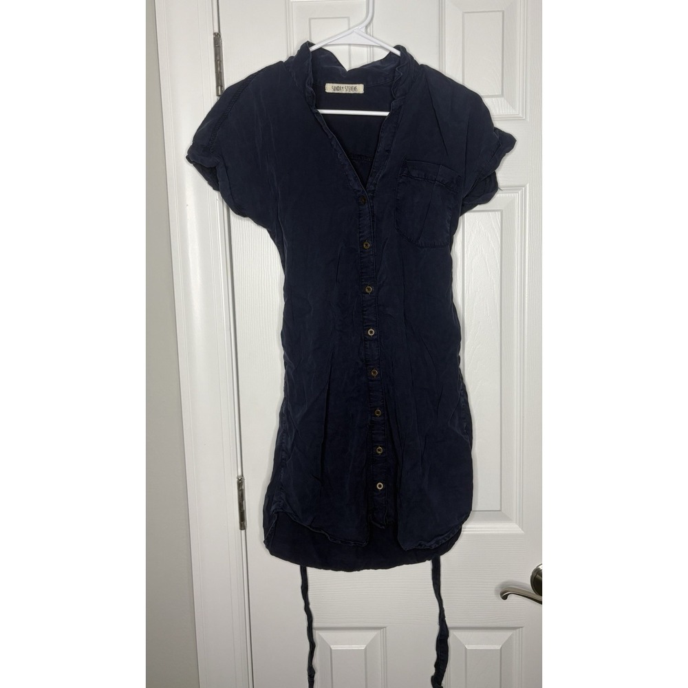 Sunday Stevens Women's Tie Up Button Front Collared Top Blue‎ Size Small